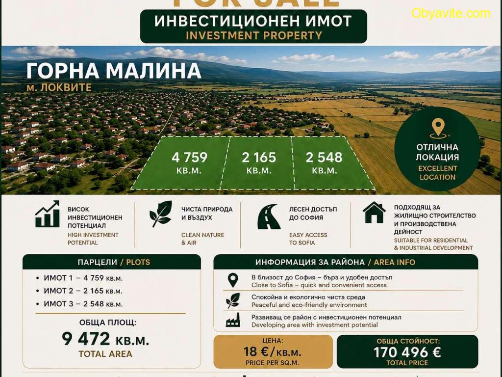 Инвестиционен имот за продажба – с. Горна Малина, м. Локвите